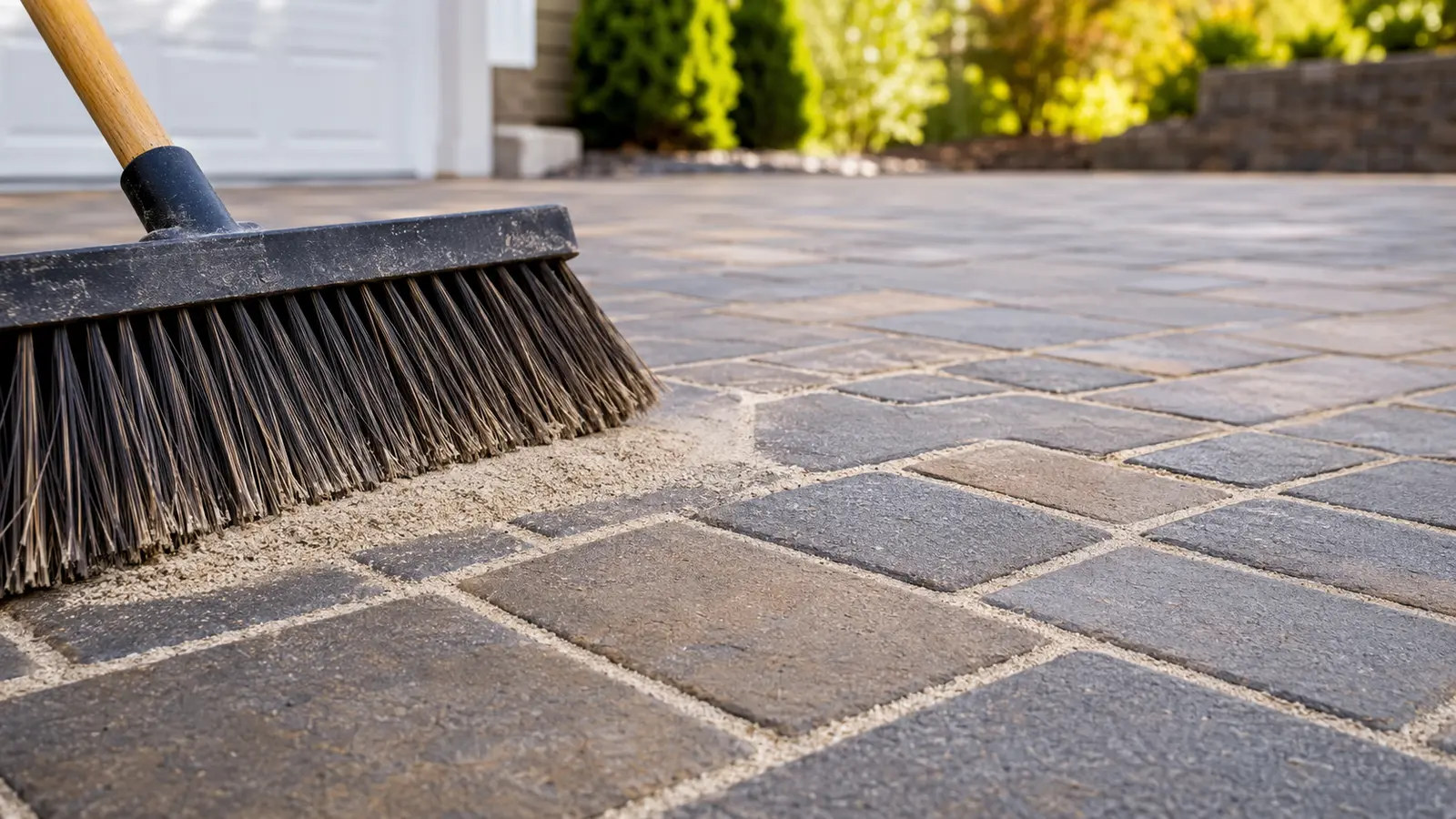 Fresh angular joint sand being stabilized between clean brick pavers