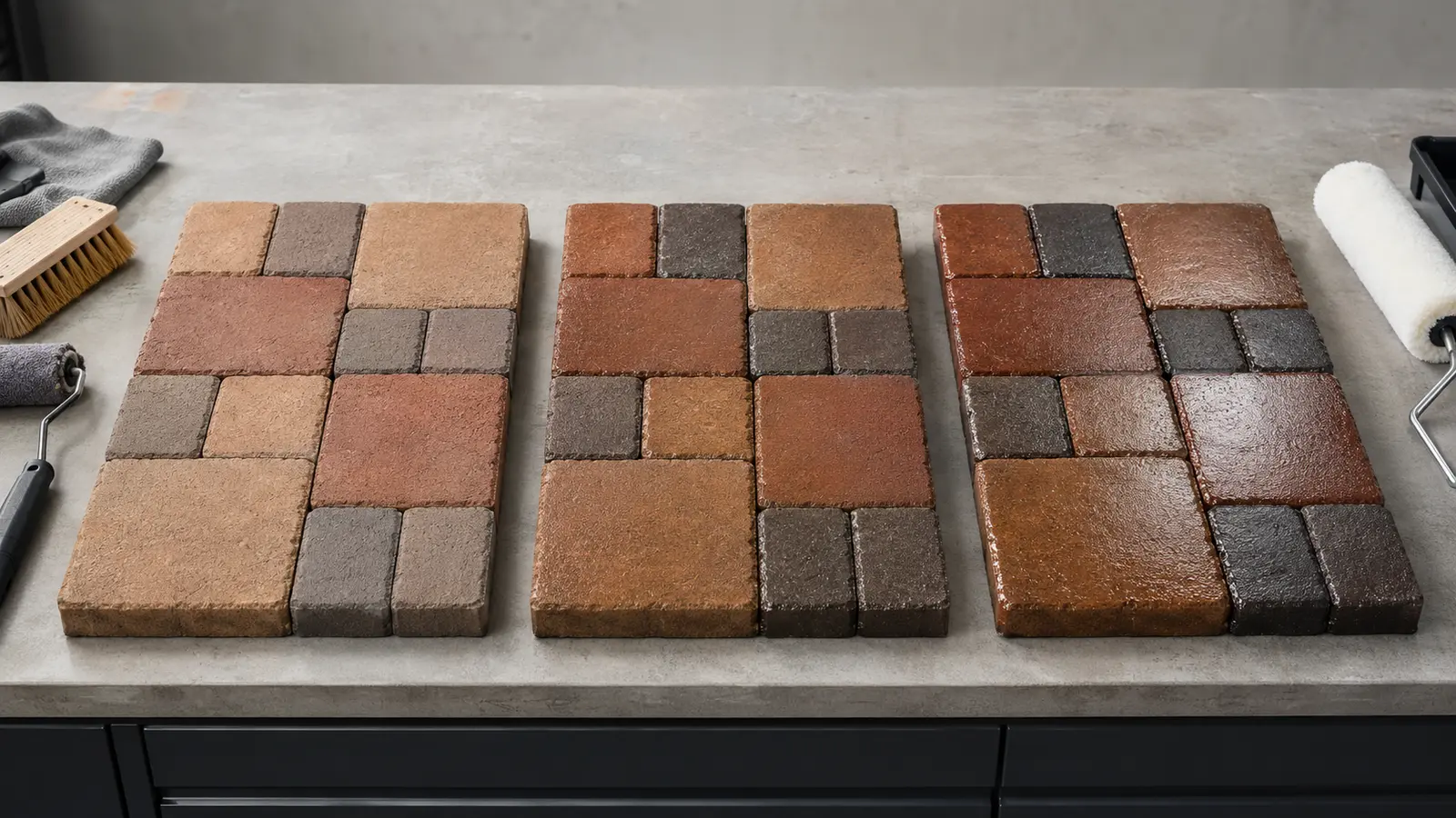 Paver sealer selection samples comparing natural, wet-look, and high-gloss finishes