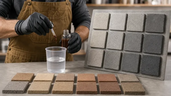 Semi Transparent Color Additives, Dyes, Stains and Tints 7 Concrete color additive being measured beside paver color samples