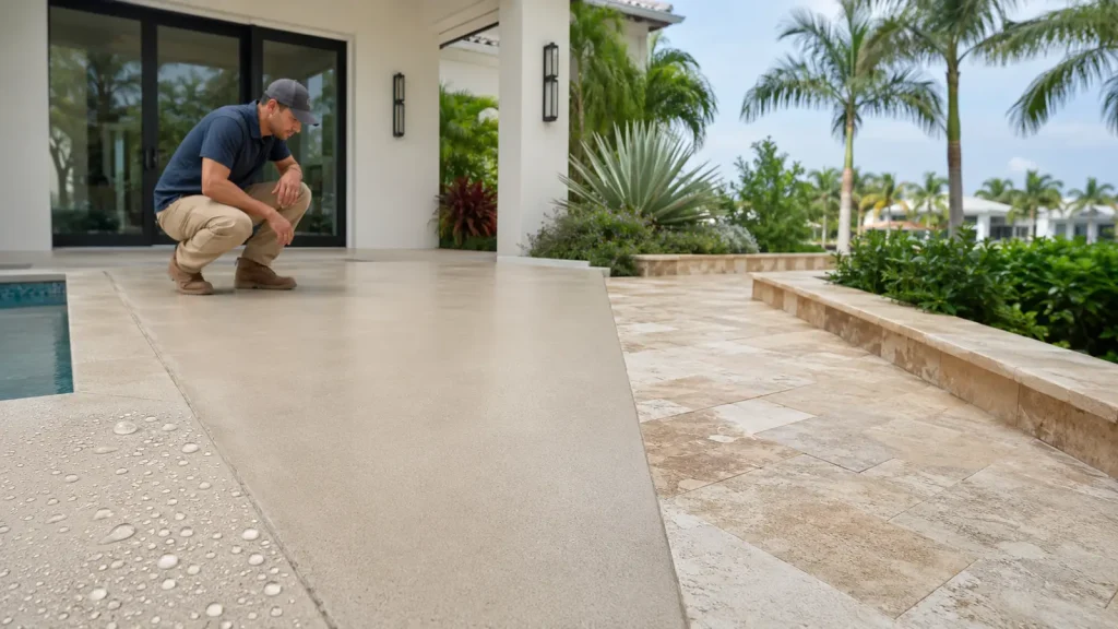 Natural look penetrating sealer protecting concrete patio and natural stone