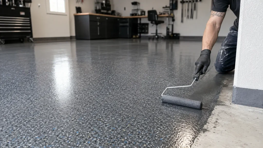 Water based epoxy coating applied to a prepared garage floor