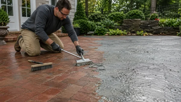 Paver sealer and coating stripper used during hardscape restoration