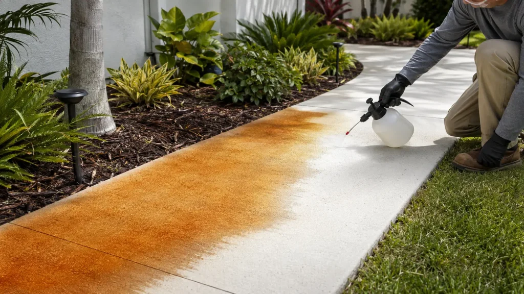 Rust stain remover applied to a concrete walkway