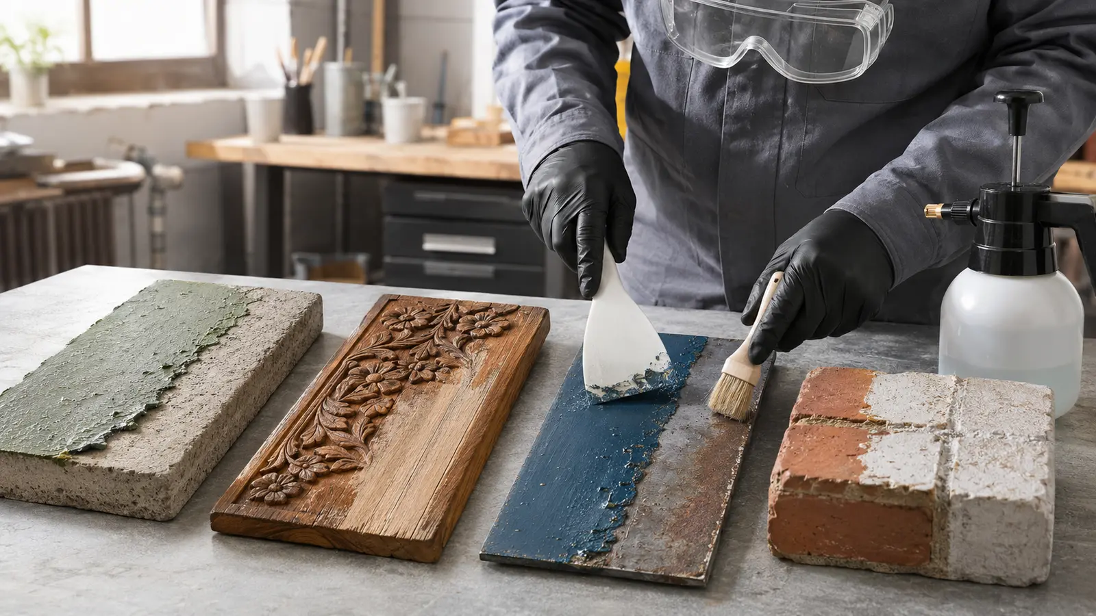 Professional paint stripping test panels on concrete wood metal and brick with protective equipment