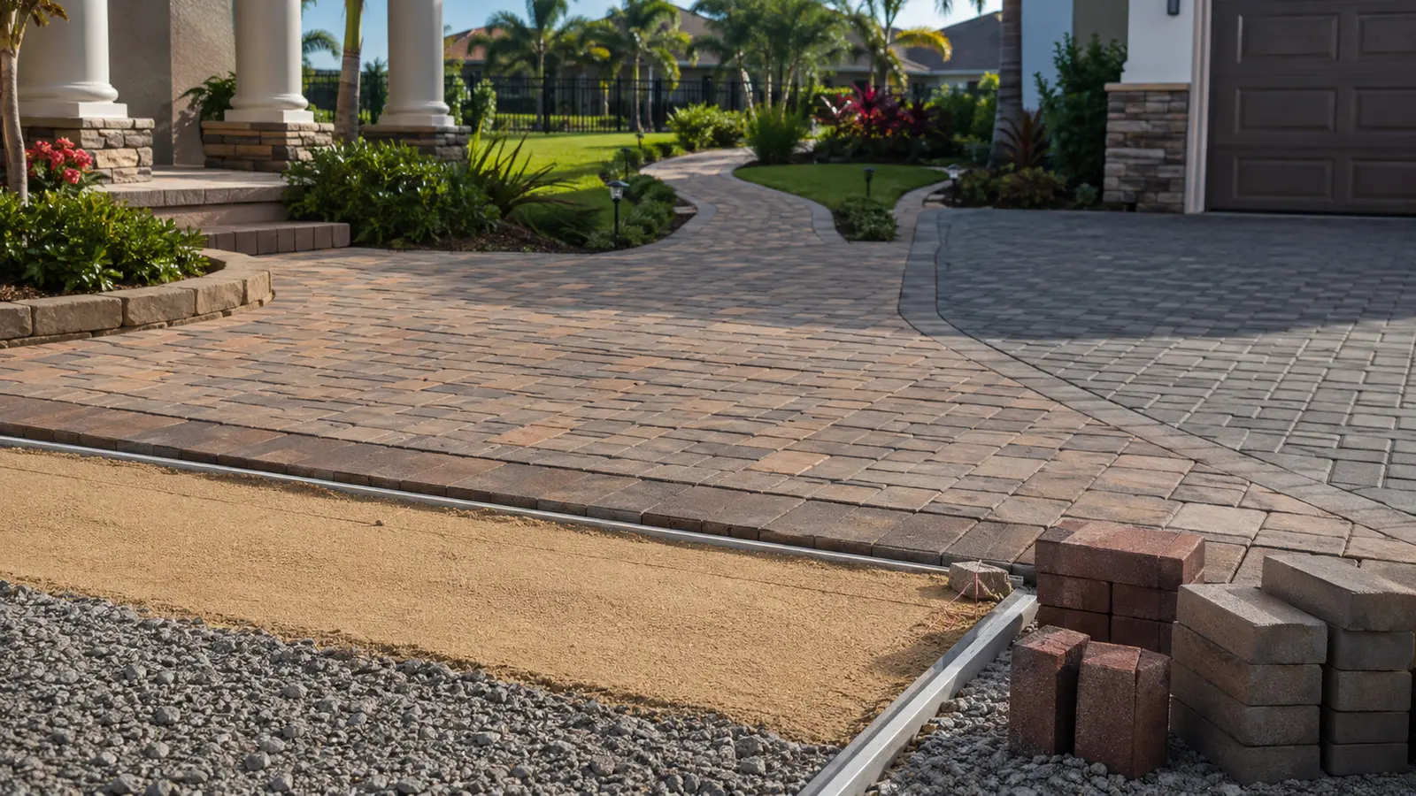 Installed paver driveway and walkway beside aggregate base and bedding sand