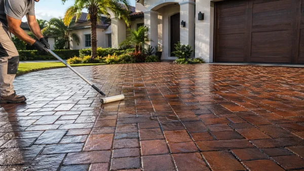UltraGloss SX - High Gloss Urethane Sealer 3 High gloss wet look paver sealer applied to a brick driveway