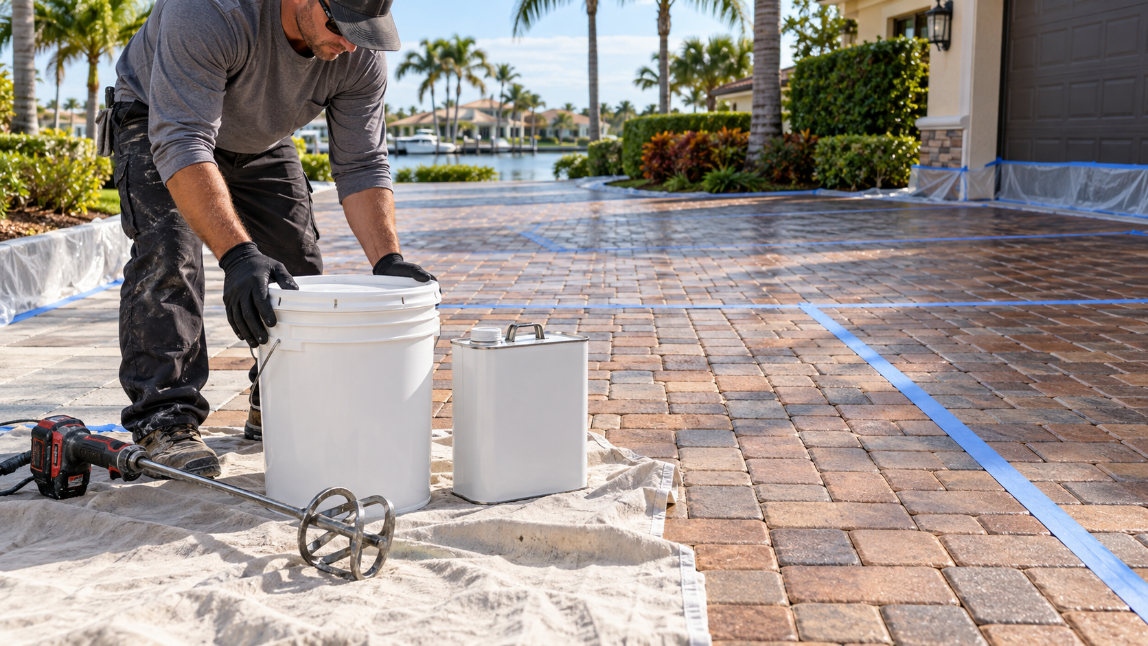 Contractor staging unbranded paver sealer containers and mixing tools on a driveway