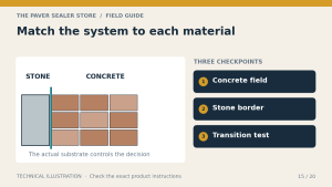Home 21 Match the system to each material: Concrete field, Stone border, Transition test. Technical illustration.