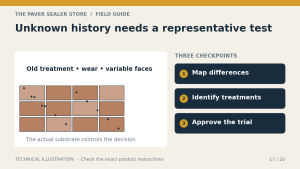 Home 17 Unknown history needs a representative test: Map differences, Identify treatments, Approve the trial. Technical illustration.